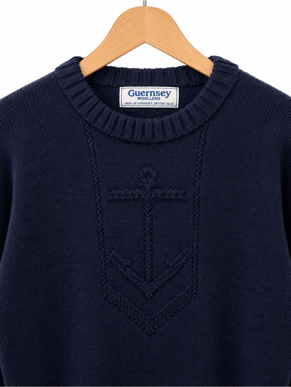 Guernsey Woollens Navy Blue Pure Wool Sweater, Anchor Motif – Made in Guernsey.